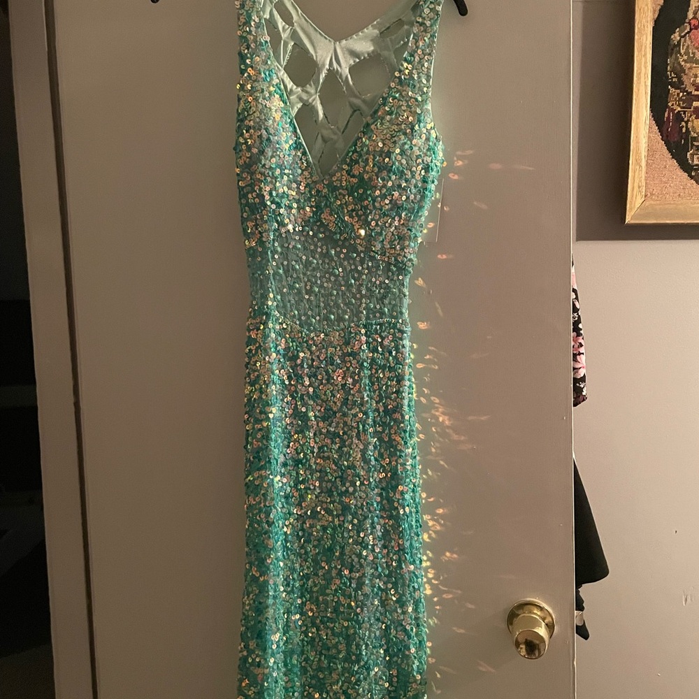 Precious Formals Turquoise Sequin Gown